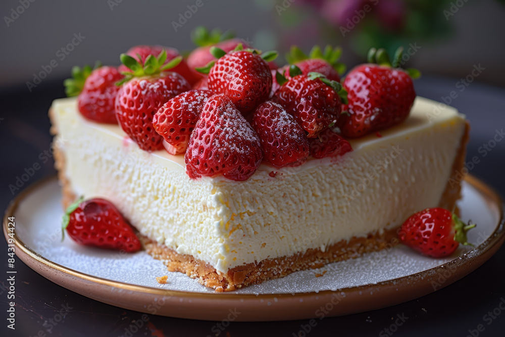 A creamy slice of cheesecake topped with fresh strawberries. Concept of dessert indulgence and sweet treats. Generative Ai. A creamy slice of cheesecake topped with fresh strawberries. Concept of dessert indulgence and sweet treats. Generative Ai.
