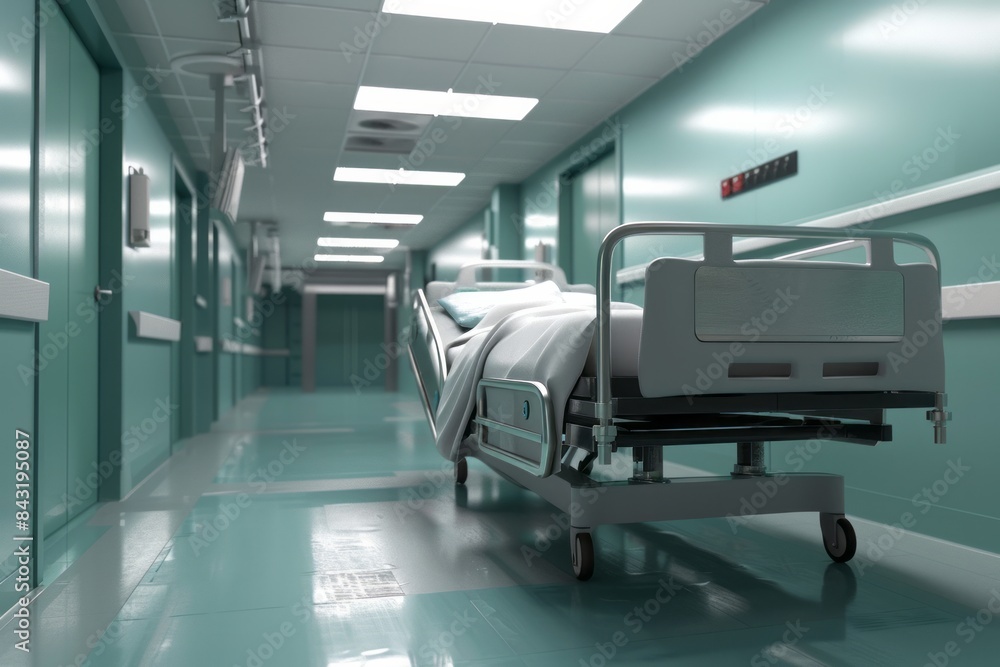 Empty hospital bed in emergency room interior 3D Empty hospital bed in emergency room interior 3D