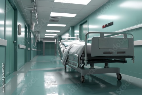 Empty hospital bed in emergency room interior 3D