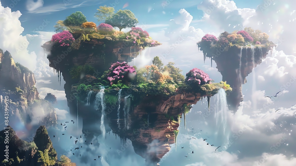 Surreal landscape with floating islands in the sky. The islands are ...