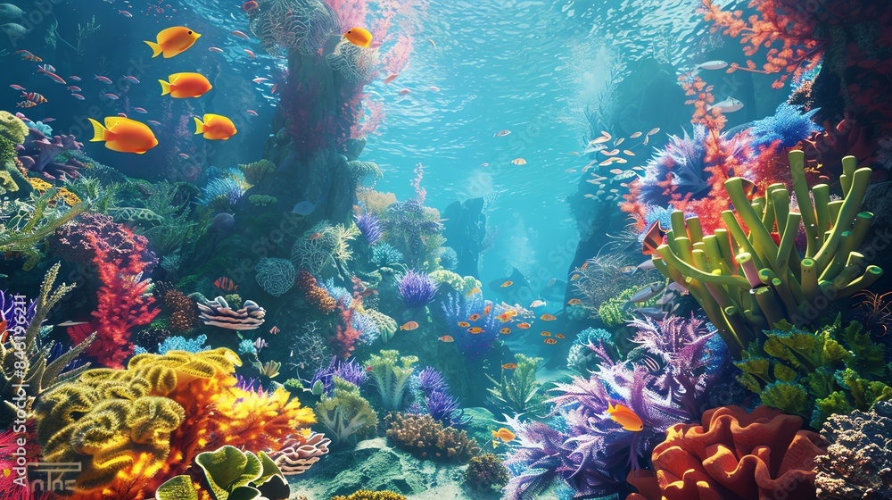 Fototapeta premium Colorful fishes swim near a coral reef.