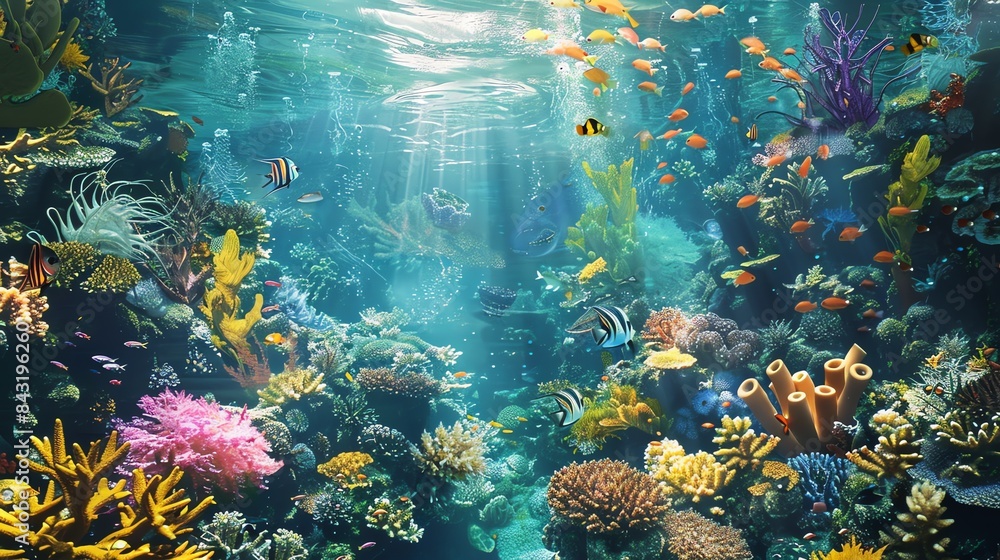 Fototapeta premium Colorful fishes swim near a coral reef.
