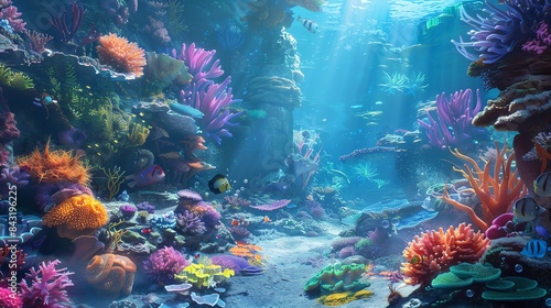 Underwater coral reef with many tropical fish. 3D rendering. photo