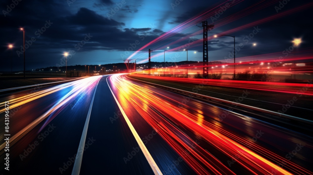 High-speed light trails on a highway at dusk, capturing the motion and energy of night traffic. High-speed light trails on a highway at dusk, capturing the motion and energy of night traffic.
