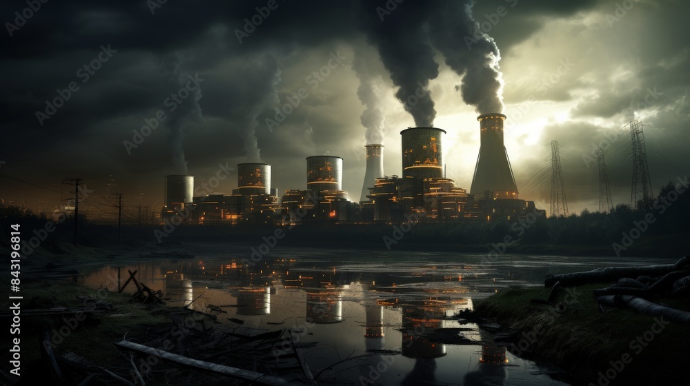Industrial power plant emitting smoke, under a dark, cloudy sky reflecting its silhouette on the water, illustrating pollution and environmental impact. Industrial power plant emitting smoke, under a dark, cloudy sky reflecting its silhouette on the water, illustrating pollution and environmental impact.