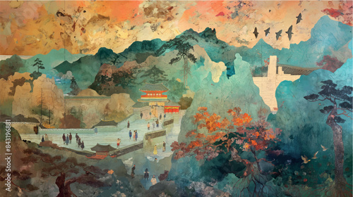 traditional minhwa korean folk art watercolor painting, lake, misty landscape, vector illustration