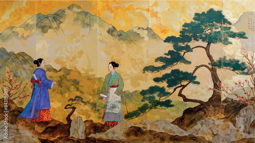 traditional minhwa korean folk art watercolor painting, misty landscape, vector illustration