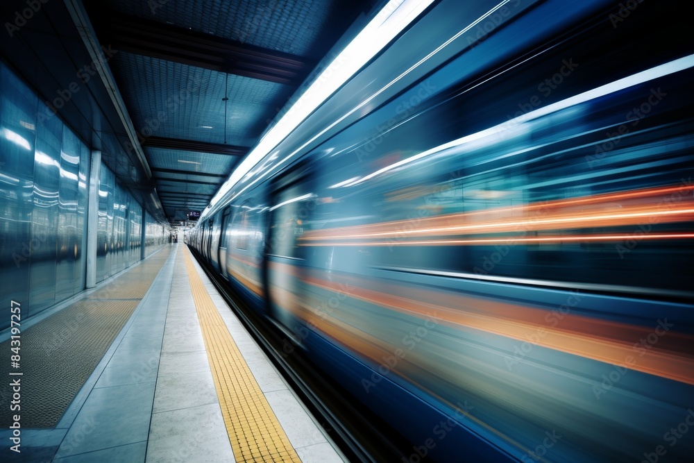 Long exposure shot of a metro train speeding through a station. Blurred blue motion and illuminated tracks create a dynamic urban scene.