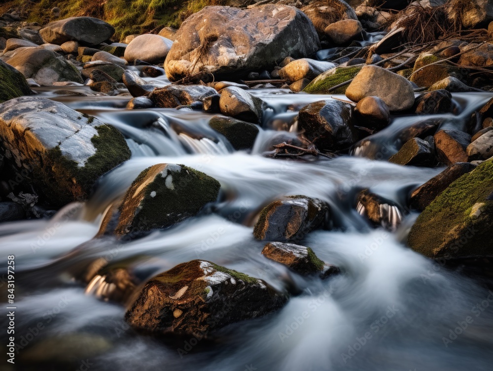 Long exposure of a serene mountain stream flowing over moss-covered rocks, creating a tranquil and picturesque landscape. Long exposure of a serene mountain stream flowing over moss-covered rocks, creating a tranquil and picturesque landscape.