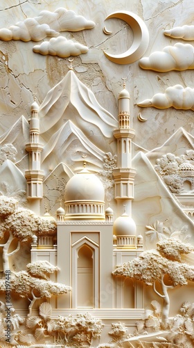 Beautiful mosque 3d relief wallpaper. Mural wallpaper. Wall art. AI generated illustration.