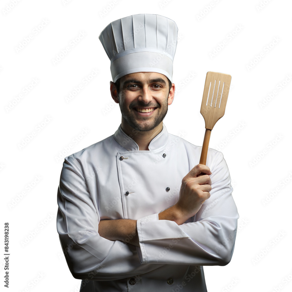 Smiling chef holding spatula on transparent background Smiling chef holding spatula on transparent background