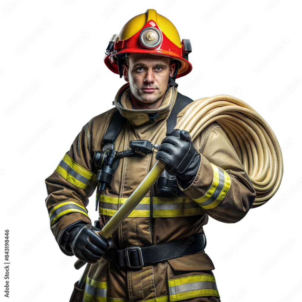 Fototapeta premium Firefighter in full gear holding hose on transparent background
