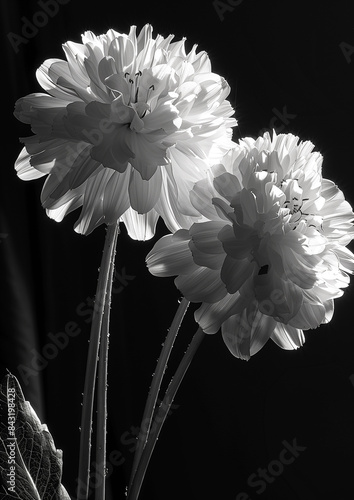Black and white photograph of two dahlia flowers against a dark background, bauty nature. photo