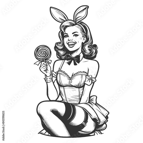 smiling pin-up bunny girl holding a lollipop, dressed in a playful bunny costume sketch engraving generative ai fictional character vector illustration. Scratch board imitation. Black and white image.