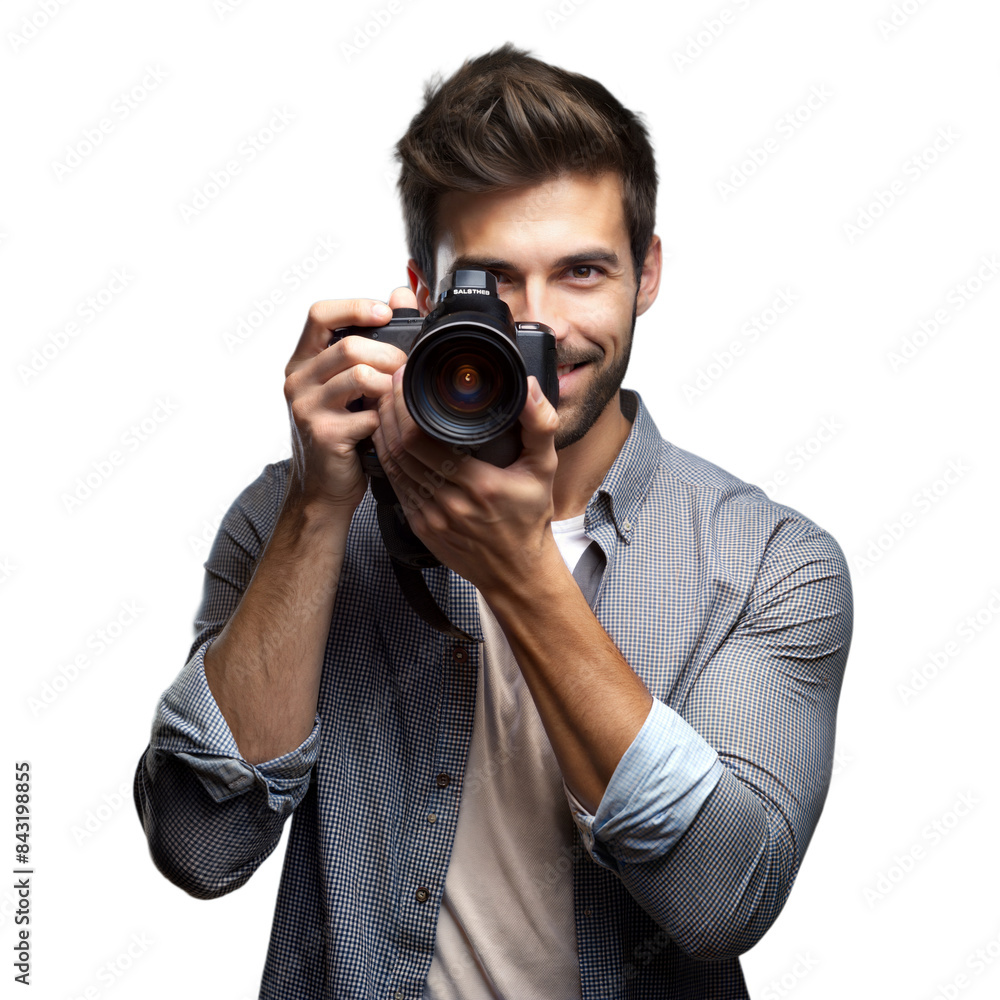 Smiling photographer with camera on transparent background Smiling photographer with camera on transparent background
