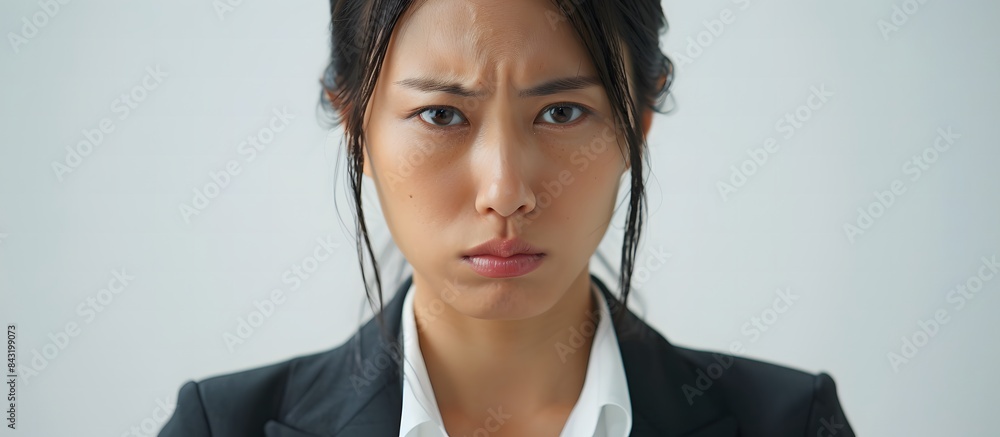 Angry Japanese Woman in Business Casual on White Background with Intense Expression Angry Japanese Woman in Business Casual on White Background with Intense Expression