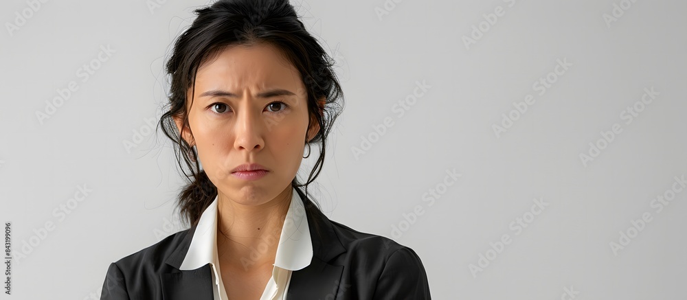 Angry Japanese Woman in Business Casual on White Background with Intense Expression Angry Japanese Woman in Business Casual on White Background with Intense Expression