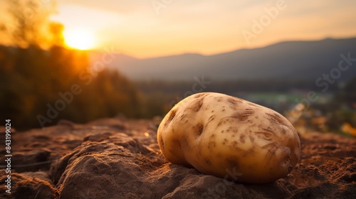Single potato rests on a rock with a beautiful sunset and mountainous landscape in the background, creating a serene and rustic scene.
