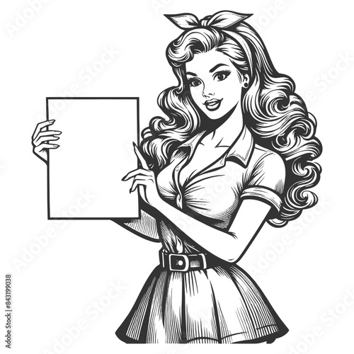 woman holding a blank poster sign, ready for customizable text, in classic pin-up pose sketch engraving generative ai fictional character vector illustration. Black and white image.