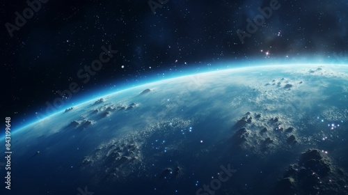 Stunning view of Earth from space with a vibrant horizon, illuminating clouds, and endless stars in the deep cosmos.