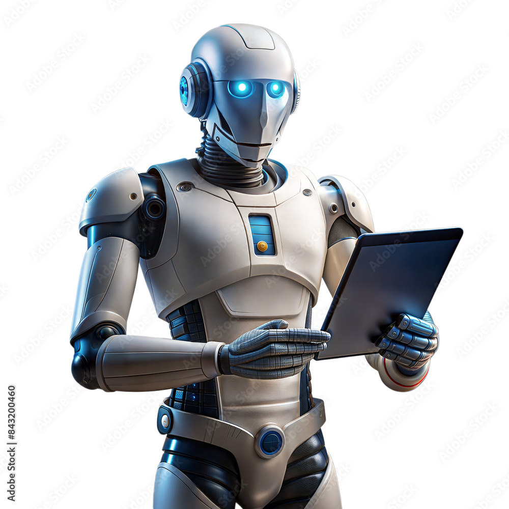 Futuristic white robot holding tablet on transparent background Futuristic white robot holding tablet on transparent background