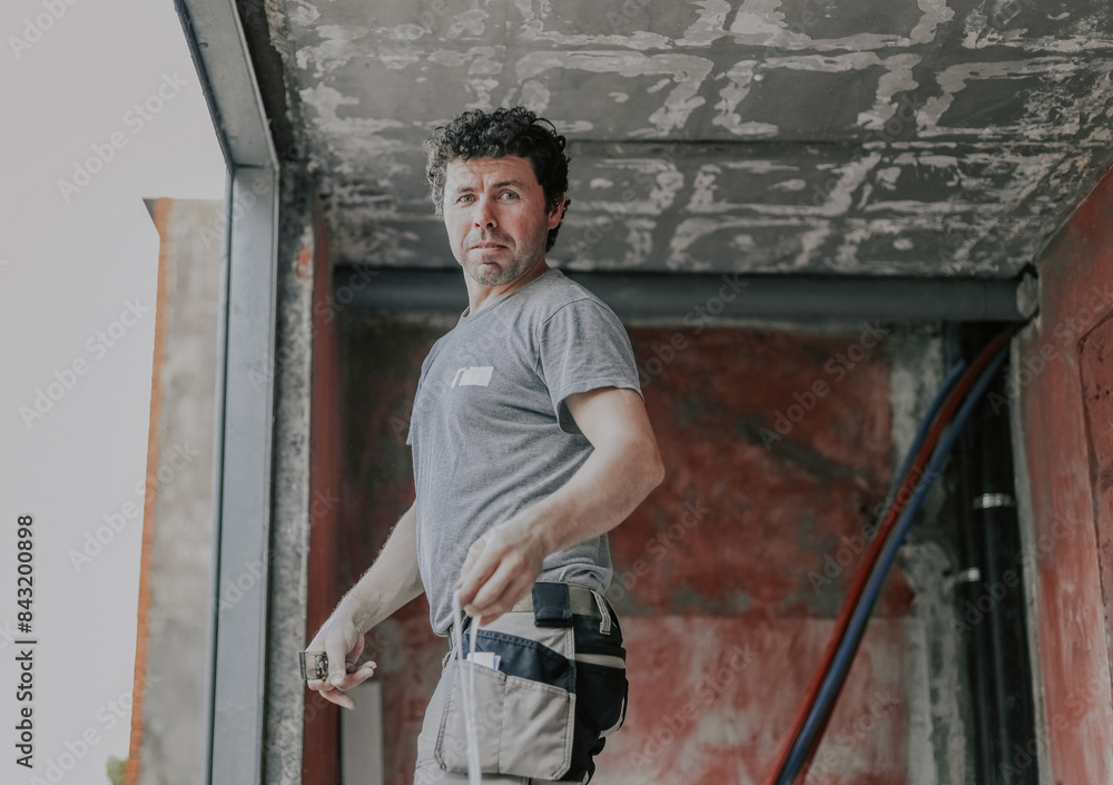 Caucasian male builder stands on a stepladder by the window. Caucasian male builder stands on a stepladder by the window.