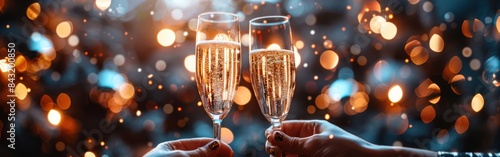 New Year Greeting Card with Champagne Toast and Cheers - Festive Holiday Banner Background Panorama