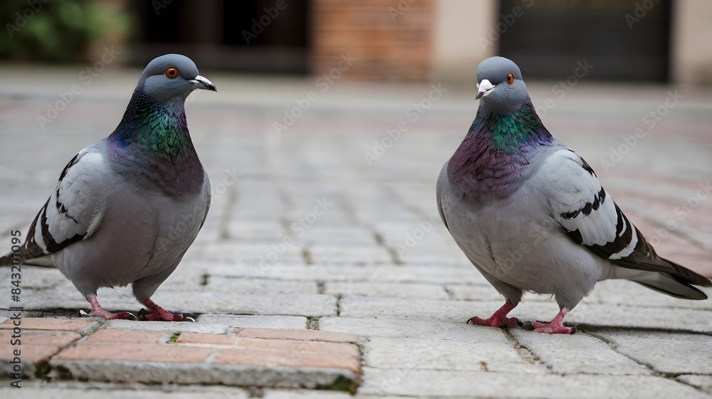 Obraz premium Two Pigeons Facing Each Other on a Brick Pavement