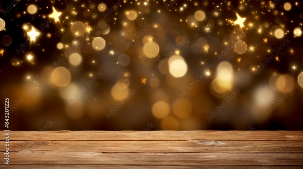Wooden table with blurred festive golden lights background. Perfect for holiday, celebration, and product display themes. Wooden table with blurred festive golden lights background. Perfect for holiday, celebration, and product display themes.