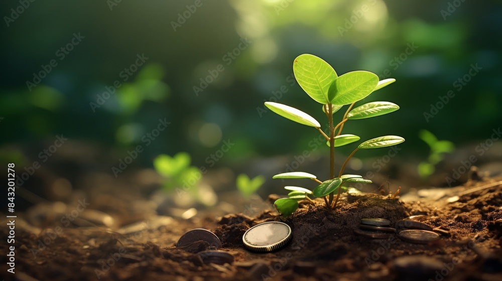 Young plant growing from soil with coins, symbolizing investment growth or financial growth concept in a natural setting. Young plant growing from soil with coins, symbolizing investment growth or financial growth concept in a natural setting.