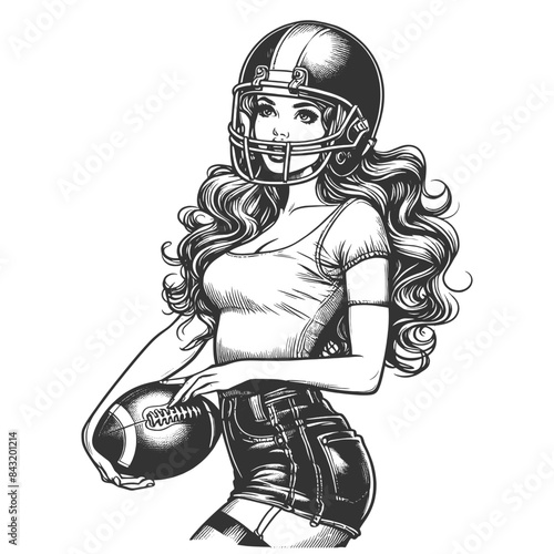 Pin-up girl female football player holding a ball, with helmet and sports attire sketch engraving generative ai fictional character vector illustration. Scratch board imitation. Black and white image.