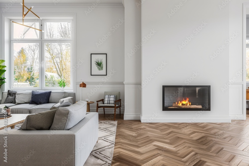 A contemporary living room features a plush couch, a cozy fireplace, and a large window, offering a stylish and inviting atmosphere. A contemporary living room features a plush couch, a cozy fireplace, and a large window, offering a stylish and inviting atmosphere.