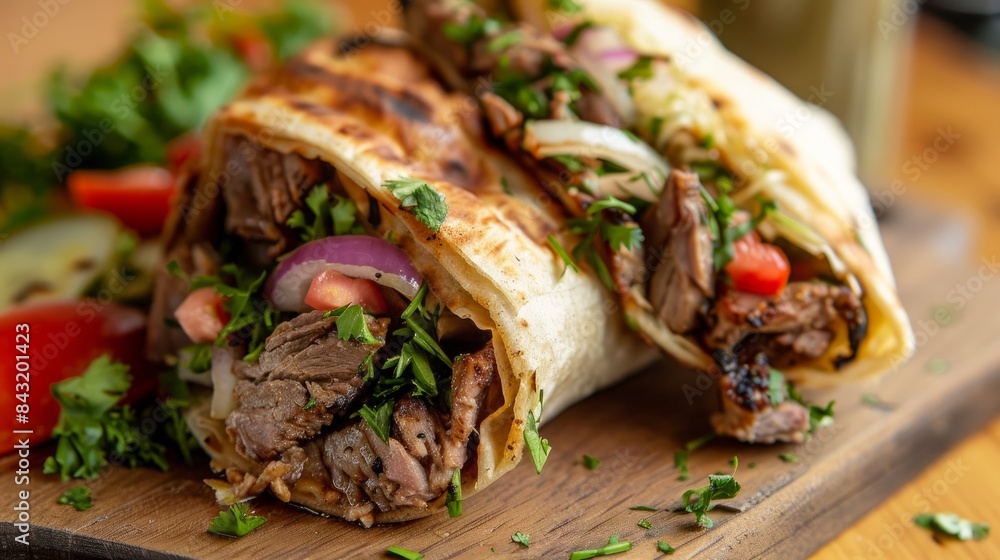 A delicious shawarma roll filled with moist grilled meat, onions, herbs, and vegetables A delicious shawarma roll filled with moist grilled meat, onions, herbs, and vegetables