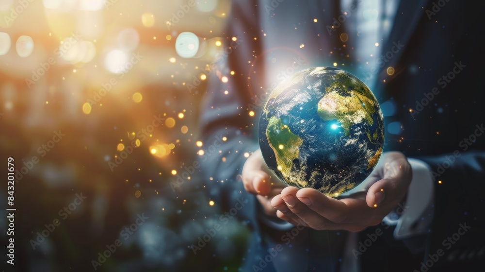 Businessman holding earth virtual energy resources icon. Earth day. Energy saving world ecology concept. Businessman holding earth virtual energy resources icon. Earth day. Energy saving world ecology concept.