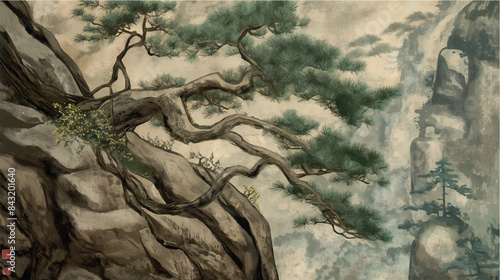 traditional chinese watercolor painting of an old lonely pine on the mountain, misty landscape, vector illustration