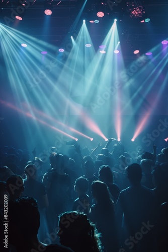 Vibrant Nightclub Scene with Dynamic Dance Floor, Music, and Colorful Lighting 