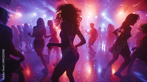 Vibrant Nightclub Scene, Dynamic Dance Floor with Colorful Lighting, Captivating Party Atmosphere, People Enjoying Music and Dance, Immersive Nightlife Experience, Energy-Filled Club Event, Dance Part