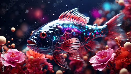 Colorful and shiny fish surrounded by flowers in a fantastical scene. Generative AI.