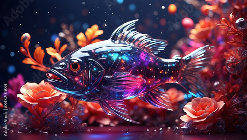 Colorful and shiny fish surrounded by flowers in a fantastical scene. Generative AI.