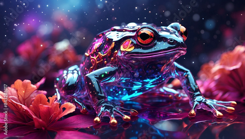 A neon, futuristic frog with a reflective, shiny surface, sitting in a fairytale environment. Generative AI.