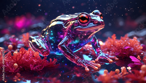 A neon, futuristic frog with a reflective, shiny surface, sitting in a fairytale environment. Generative AI.