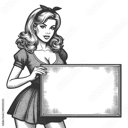 woman holding a blank poster sign, ready for customizable text, in classic pin-up pose sketch engraving generative ai fictional character vector illustration. Black and white image.