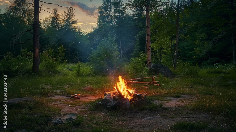 A serene campfire scene bathed in the golden hues of dusk, set amidst a verdant forest clearing. A serene campfire scene bathed in the golden hues of dusk, set amidst a verdant forest clearing.