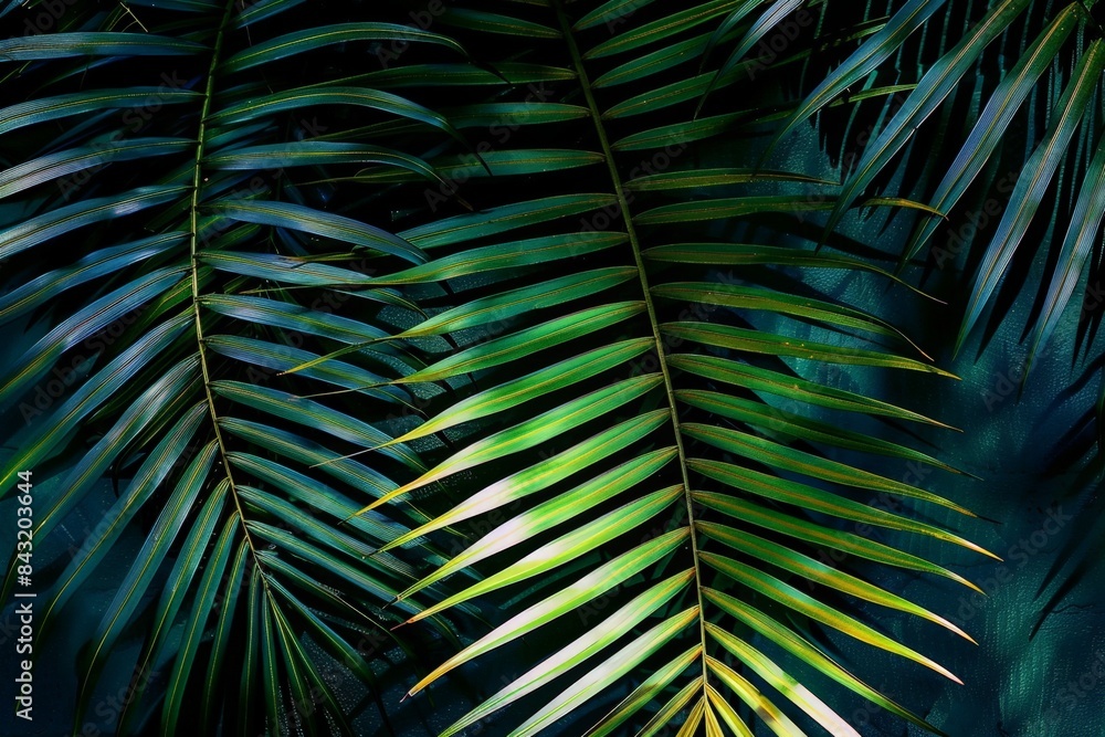 Dramatic, high-resolution image of a tropical palm leaf casting abstract shadows on a lush green background. Dramatic, high-resolution image of a tropical palm leaf casting abstract shadows on a lush green background.