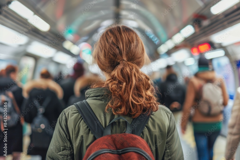 Busy subway scene with woman in focus. City commute and public transport concept. Busy subway scene with woman in focus. City commute and public transport concept.