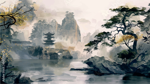 traditional chinese ink watercolor painting of misty mountain landscape, vector illustration