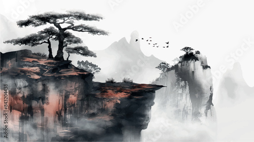 traditional chinese ink watercolor painting of misty mountain landscape, vector illustration