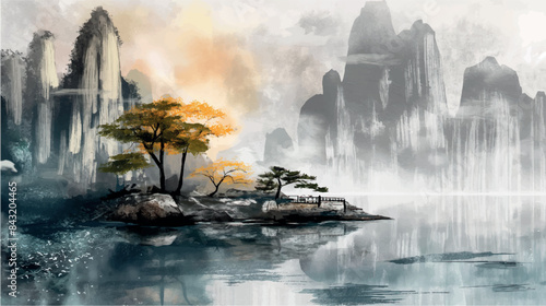 traditional chinese ink watercolor painting of misty mountain landscape, vector illustration