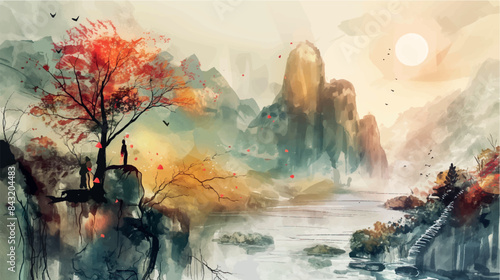 traditional chinese ink watercolor painting of misty mountain landscape, vector illustration