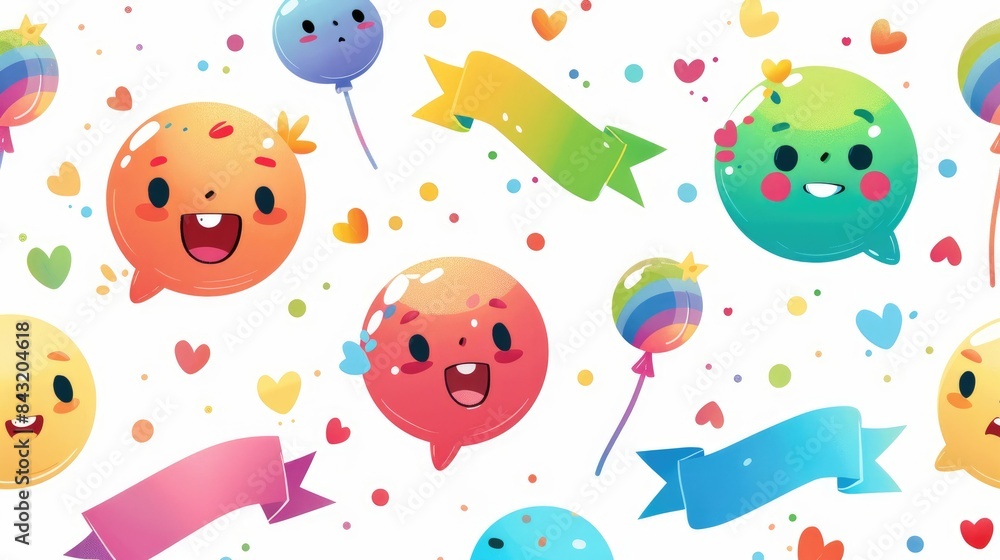 Fototapeta premium Engage in chat conversations using cute emoticons featuring colorful ribbon banners and rainbow designs